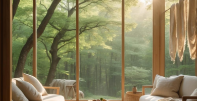 A serene living room in a summer cabin featuring large floor-to-ceiling windows overlooking a lush green forest. The room is furnished with light-colored sofas, a round wicker coffee table, and natural wood elements, bathed in warm sunlight.