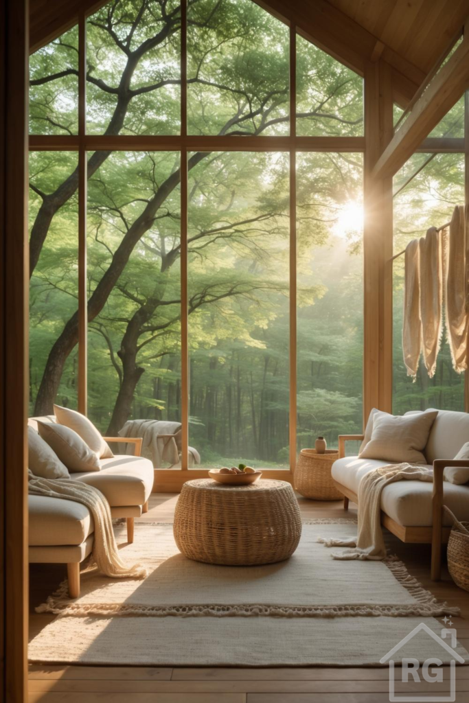 A serene living room in a summer cabin featuring large floor-to-ceiling windows overlooking a lush green forest. The room is furnished with light-colored sofas, a round wicker coffee table, and natural wood elements, bathed in warm sunlight.