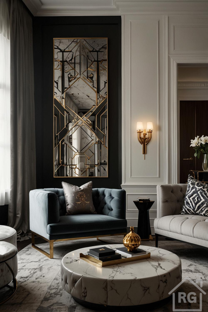 A sleek and contemporary living room featuring a teal velvet armchair, a light grey tufted sofa, and a round marble coffee table. A large gold Art Deco mirror hangs on a dark accent wall, complementing the luxurious and inviting ambiance of this modern living space.