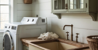 A cozy farmhouse laundry room featuring white shiplap walls, sage green distressed cabinets, a large cream farmhouse sink with a brass faucet, and a white washer and dryer. The room has rustic wooden countertops, exposed ceiling beams, and natural woven baskets, creating a warm and inviting atmosphere.