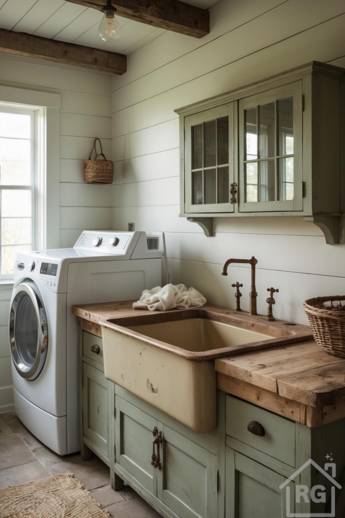 A cozy farmhouse laundry room featuring white shiplap walls, sage green distressed cabinets, a large cream farmhouse sink with a brass faucet, and a white washer and dryer. The room has rustic wooden countertops, exposed ceiling beams, and natural woven baskets, creating a warm and inviting atmosphere.