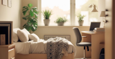 A bright and organized dorm room featuring a light wood bed frame with white bedding, a shaggy beige rug, and a functional study desk with a grey office chair. Potted plants add a touch of greenery, creating a cozy and productive living space.