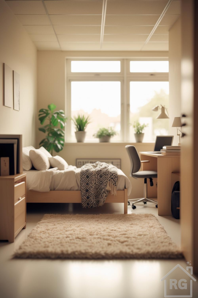 A bright and organized dorm room featuring a light wood bed frame with white bedding, a shaggy beige rug, and a functional study desk with a grey office chair. Potted plants add a touch of greenery, creating a cozy and productive living space.