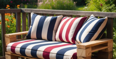 A rustic outdoor seating area featuring a DIY pallet bench with red, cream, and navy striped cushions, set on a wooden deck. Lush green foliage and vibrant pink, red, and purple flowers bloom in the background, creating a colorful and inviting garden scene.