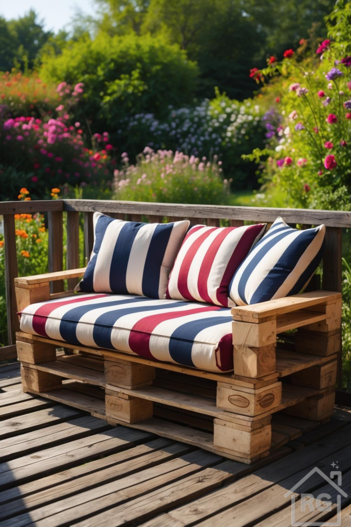 A rustic outdoor seating area featuring a DIY pallet bench with red, cream, and navy striped cushions, set on a wooden deck. Lush green foliage and vibrant pink, red, and purple flowers bloom in the background, creating a colorful and inviting garden scene.