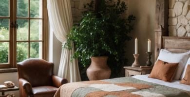 A cozy rustic bedroom featuring exposed stone walls, dark wood beams, and a wooden bed with a patchwork quilt. A brown leather armchair sits by a large window overlooking greenery, with a large potted plant in a terracotta pot adding natural charm.