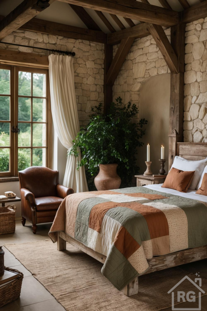 A cozy rustic bedroom featuring exposed stone walls, dark wood beams, and a wooden bed with a patchwork quilt. A brown leather armchair sits by a large window overlooking greenery, with a large potted plant in a terracotta pot adding natural charm.