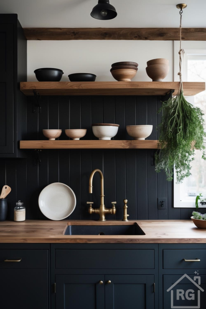 A dark boho kitchen featuring black shaker cabinets, natural wood countertops, and open shelving styled with ceramic and wooden bowls. A brass faucet and hanging dried herbs add to the rustic, organized aesthetic.