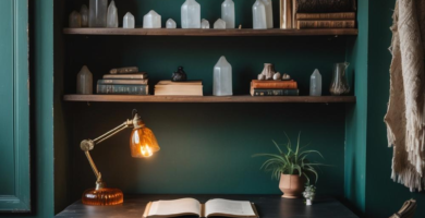 A dark and moody home office featuring emerald green walls, a distressed black writing desk, and an antique upholstered armchair. The room is adorned with wooden shelves displaying books and numerous clear quartz crystals, creating a shabby dark boho aesthetic.