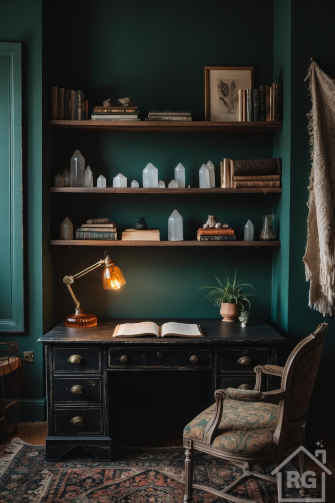A dark and moody home office featuring emerald green walls, a distressed black writing desk, and an antique upholstered armchair. The room is adorned with wooden shelves displaying books and numerous clear quartz crystals, creating a shabby dark boho aesthetic.