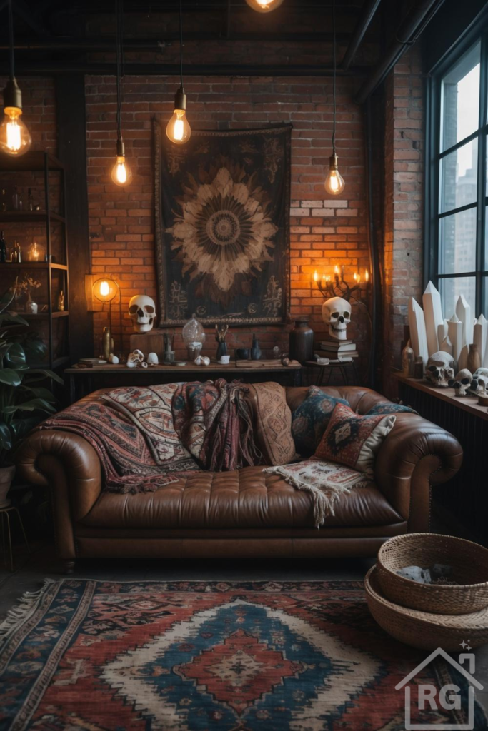 A dark boho loft living room featuring an exposed brick wall, a brown leather Chesterfield sofa, and an eclectic mix of decor. Industrial pendant lights illuminate a vintage area rug and a console table adorned with skulls and crystals, creating a cozy and unique atmosphere.