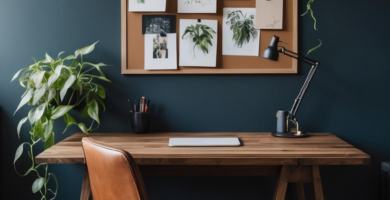 A dark and moody home office features a wooden desk, a brown leather office chair, and a cork board adorned with botanical prints. Lush green plants are placed on and around the desk, complementing the deep teal walls and patterned area rug.