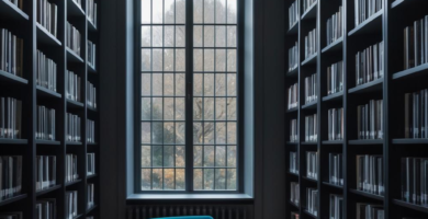 A sophisticated modern gothic library featuring dark built-in bookshelves, a plush teal velvet armchair, and a large arched window overlooking a natural landscape. This inviting reading nook is designed for comfort and intellectual pursuits.
