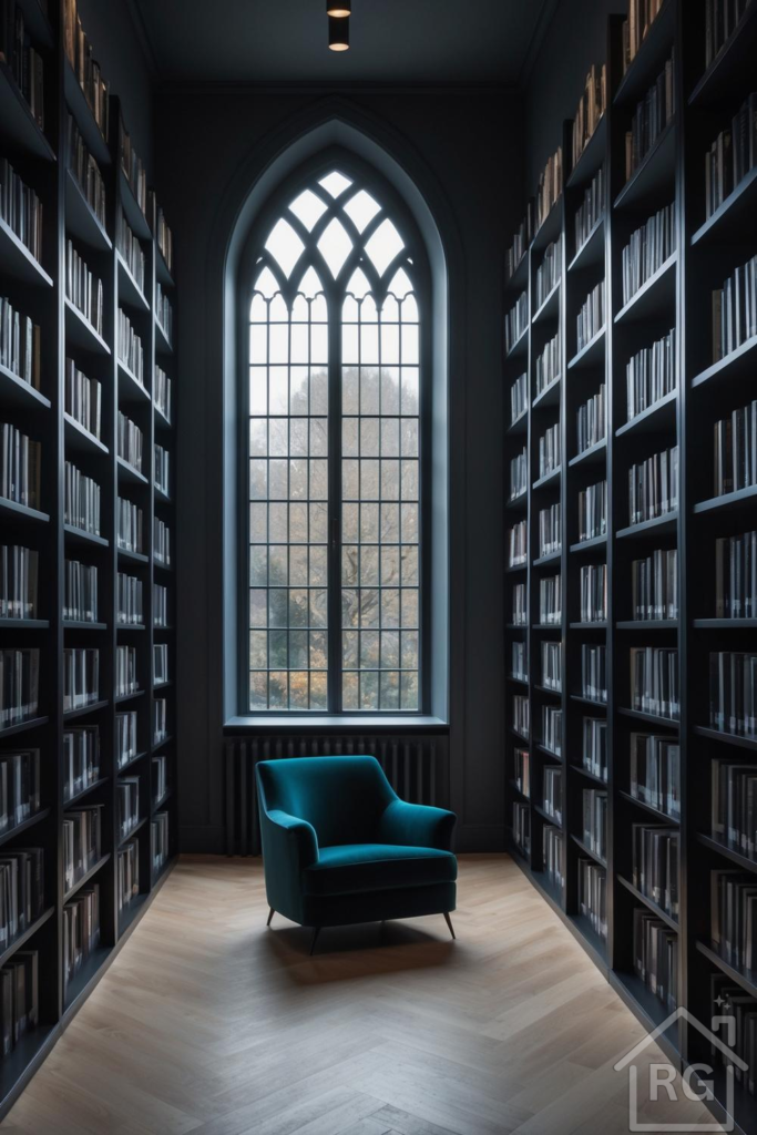 A sophisticated modern gothic library featuring dark built-in bookshelves, a plush teal velvet armchair, and a large arched window overlooking a natural landscape. This inviting reading nook is designed for comfort and intellectual pursuits.