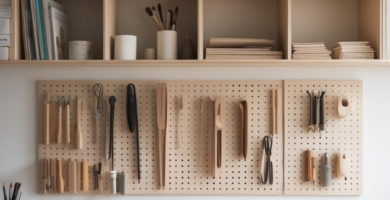 A beautifully organized Japandi craft room featuring light wood shelving, a spacious workbench, and a pegboard displaying various crafting tools. The minimalist design emphasizes natural materials and efficient storage solutions, creating a serene and functional workspace.