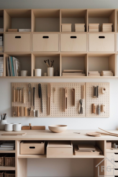 A beautifully organized Japandi craft room featuring light wood shelving, a spacious workbench, and a pegboard displaying various crafting tools. The minimalist design emphasizes natural materials and efficient storage solutions, creating a serene and functional workspace.