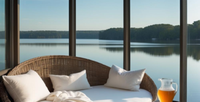 A cozy lakeside reading nook featuring a wicker daybed with white cushions and a throw blanket, positioned in a sunroom with panoramic glass windows overlooking a calm lake and forested shoreline. A small side table holds a pitcher of juice, inviting relaxation in this tranquil setting.