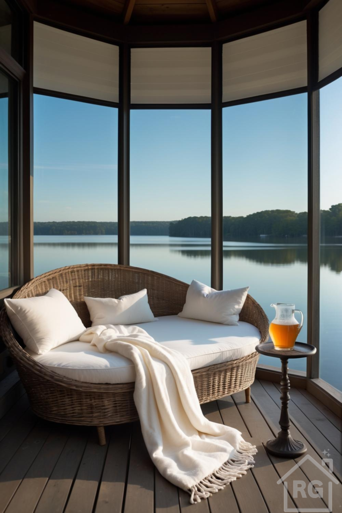 A cozy lakeside reading nook featuring a wicker daybed with white cushions and a throw blanket, positioned in a sunroom with panoramic glass windows overlooking a calm lake and forested shoreline. A small side table holds a pitcher of juice, inviting relaxation in this tranquil setting.