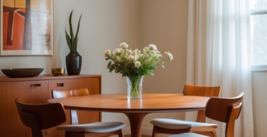 A beautifully styled Midcentury dining room featuring a round wooden table, four matching chairs with light upholstery, and a wooden credenza. A striking starburst chandelier hangs above, complementing the warm wood tones and abstract art, creating an inviting and elegant space.