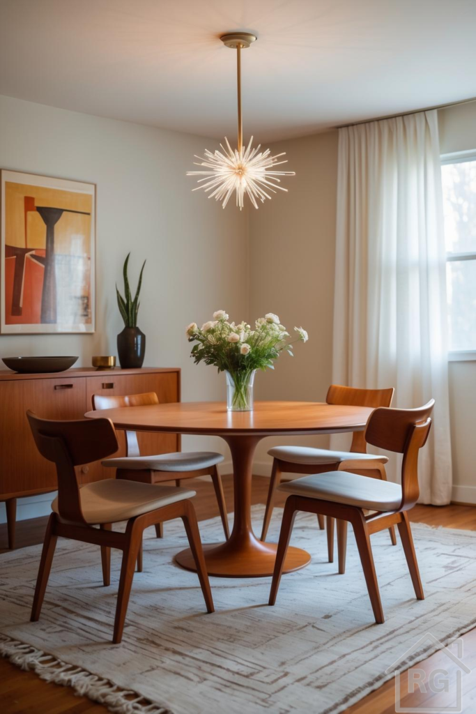 A beautifully styled Midcentury dining room featuring a round wooden table, four matching chairs with light upholstery, and a wooden credenza. A striking starburst chandelier hangs above, complementing the warm wood tones and abstract art, creating an inviting and elegant space.