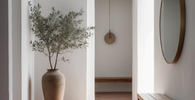 A bright and serene Mediterranean entryway featuring white walls, terracotta floor tiles, and natural wood accents. A large terracotta pot holds a vibrant olive tree, and a wooden bench sits beneath a round brass-framed mirror, creating a welcoming and stylish space.