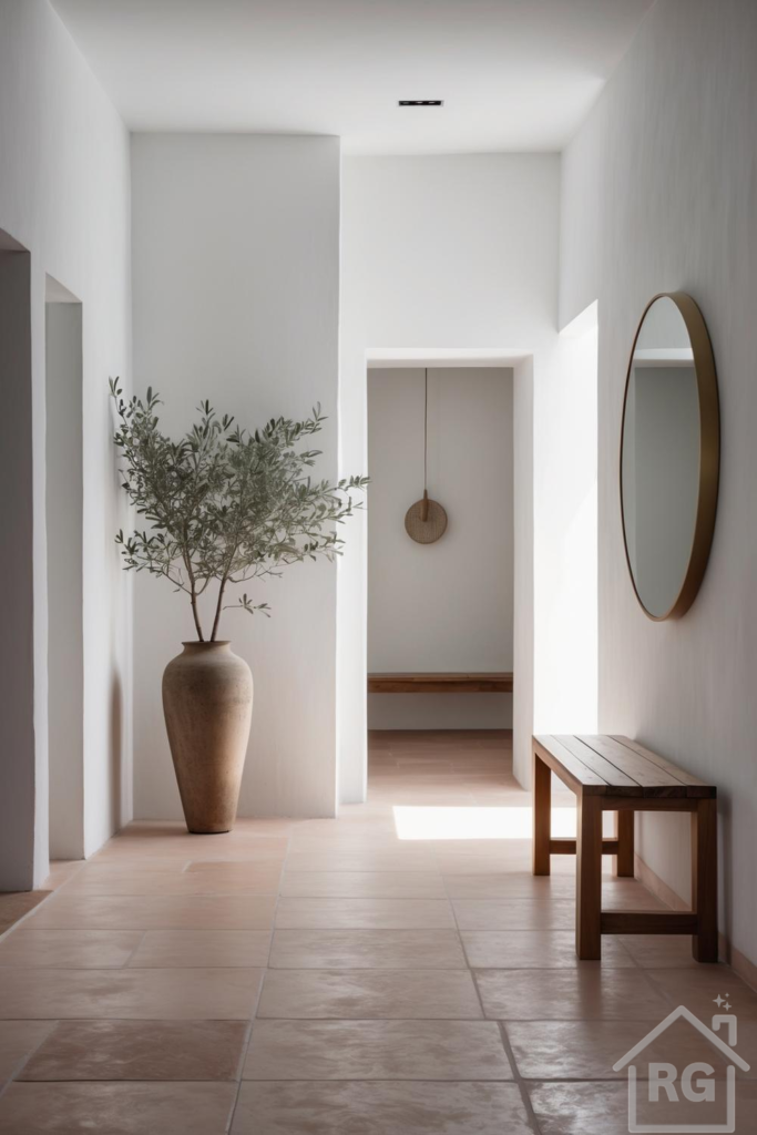 A bright and serene Mediterranean entryway featuring white walls, terracotta floor tiles, and natural wood accents. A large terracotta pot holds a vibrant olive tree, and a wooden bench sits beneath a round brass-framed mirror, creating a welcoming and stylish space.