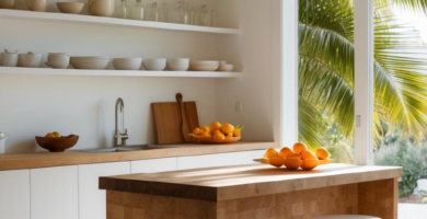A bright and airy tropical kitchen featuring a large butcher block island with two white stools, light wood countertops, white open shelving, and white base cabinets. Lush green palm fronds are visible through a large window, bringing a natural, serene ambiance to this modern coastal kitchen design.