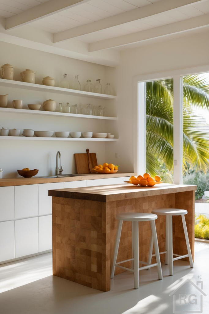 A bright and airy tropical kitchen featuring a large butcher block island with two white stools, light wood countertops, white open shelving, and white base cabinets. Lush green palm fronds are visible through a large window, bringing a natural, serene ambiance to this modern coastal kitchen design.