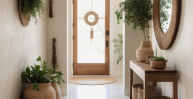 A bright and inviting entryway featuring a natural bohemian design. The space includes a wooden console table, a large round mirror with a woven frame, jute rugs, and various potted plants, creating a warm and organic foyer.