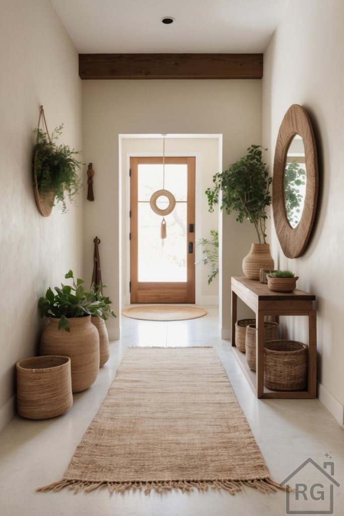 A bright and inviting entryway featuring a natural bohemian design. The space includes a wooden console table, a large round mirror with a woven frame, jute rugs, and various potted plants, creating a warm and organic foyer.