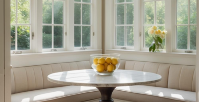 A bright and airy breakfast nook featuring a built-in banquette with light beige cushions, a round marble-top table, and two natural rattan stools. Large windows and skylights flood the space with natural light, creating a serene and inviting atmosphere.