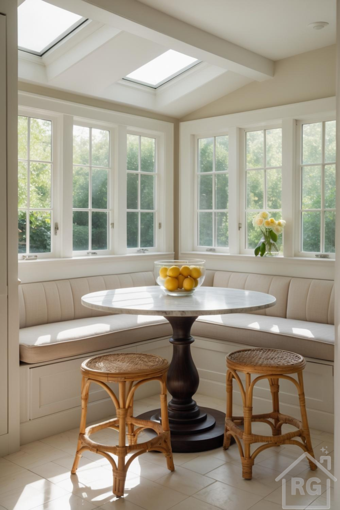 A bright and airy breakfast nook featuring a built-in banquette with light beige cushions, a round marble-top table, and two natural rattan stools. Large windows and skylights flood the space with natural light, creating a serene and inviting atmosphere.