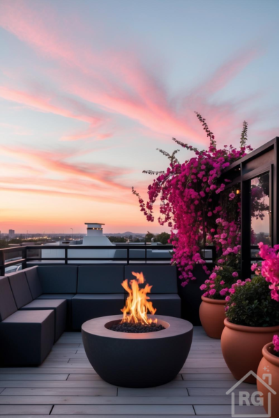 A luxurious rooftop terrace at sunset, featuring a dark grey outdoor sectional sofa, a round concrete fire pit with a flickering flame, and vibrant pink bougainvillea in terracotta planters. The light grey composite decking and black metal railing frame a stunning city skyline view under a pink and orange sky.
