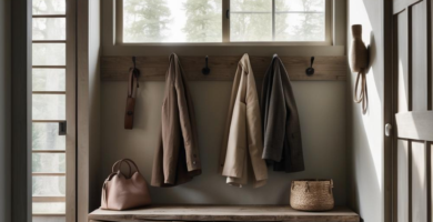 A wabi-sabi inspired mudroom entryway featuring a rustic wooden bench, coat hooks with hanging coats, and a dark natural stone floor. The space is illuminated by a large window and features light greige walls and warm wooden accents, creating a serene and functional entry.