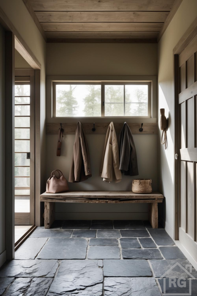 A wabi-sabi inspired mudroom entryway featuring a rustic wooden bench, coat hooks with hanging coats, and a dark natural stone floor. The space is illuminated by a large window and features light greige walls and warm wooden accents, creating a serene and functional entry.