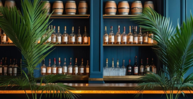 A luxurious navy blue rum bar featuring built-in shelving filled with liquor bottles and decorative wooden barrels. Two large palm plants in terracotta pots flank the bar, which is illuminated by warm string lights and a golden counter.