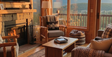 A cozy cabin living room featuring a stone fireplace with a roaring fire, rustic wood furniture, and large windows offering panoramic mountain views. The room is decorated with warm textiles and a patterned area rug, creating an inviting and comfortable atmosphere.