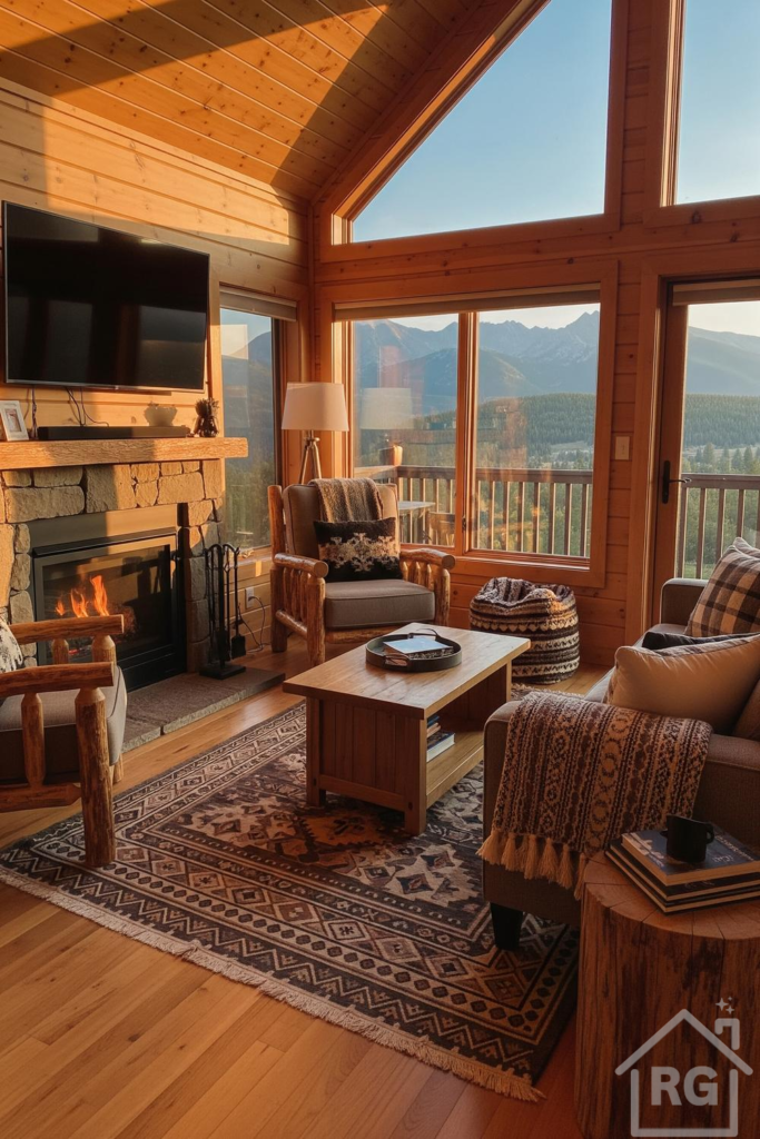 A cozy cabin living room featuring a stone fireplace with a roaring fire, rustic wood furniture, and large windows offering panoramic mountain views. The room is decorated with warm textiles and a patterned area rug, creating an inviting and comfortable atmosphere.