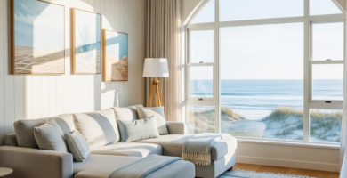 A bright and airy coastal living room with a large arched window overlooking a sandy beach and ocean. The room features a light grey sectional sofa, a woven area rug, and three framed beach-themed art prints, creating a serene and inviting atmosphere.
