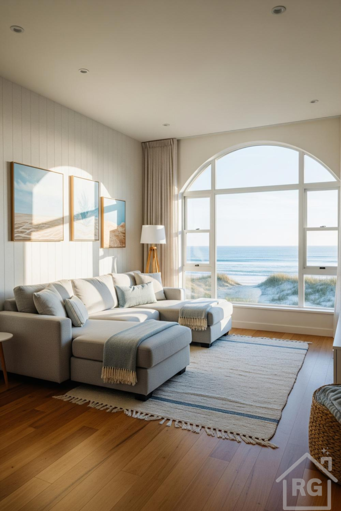 A bright and airy coastal living room with a large arched window overlooking a sandy beach and ocean. The room features a light grey sectional sofa, a woven area rug, and three framed beach-themed art prints, creating a serene and inviting atmosphere.