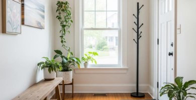 A bright and inviting entryway features warm wooden floors, a rustic wooden bench, and an assortment of lush green plants. A patterned area rug, a black coat rack, and framed art adorn the space, illuminated by natural light from a large window.