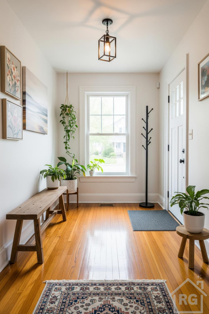 A bright and inviting entryway features warm wooden floors, a rustic wooden bench, and an assortment of lush green plants. A patterned area rug, a black coat rack, and framed art adorn the space, illuminated by natural light from a large window.