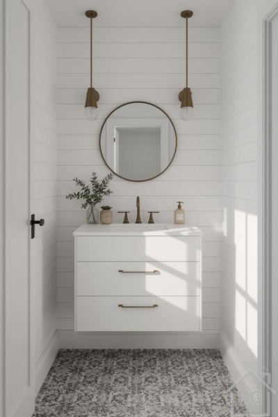 A bright Scandi Modern powder room featuring white shiplap walls, a floating white vanity with brass hardware, a round brass mirror, and two brass pendant lights. The room is anchored by a dark patterned tile floor, creating a stylish and functional space.