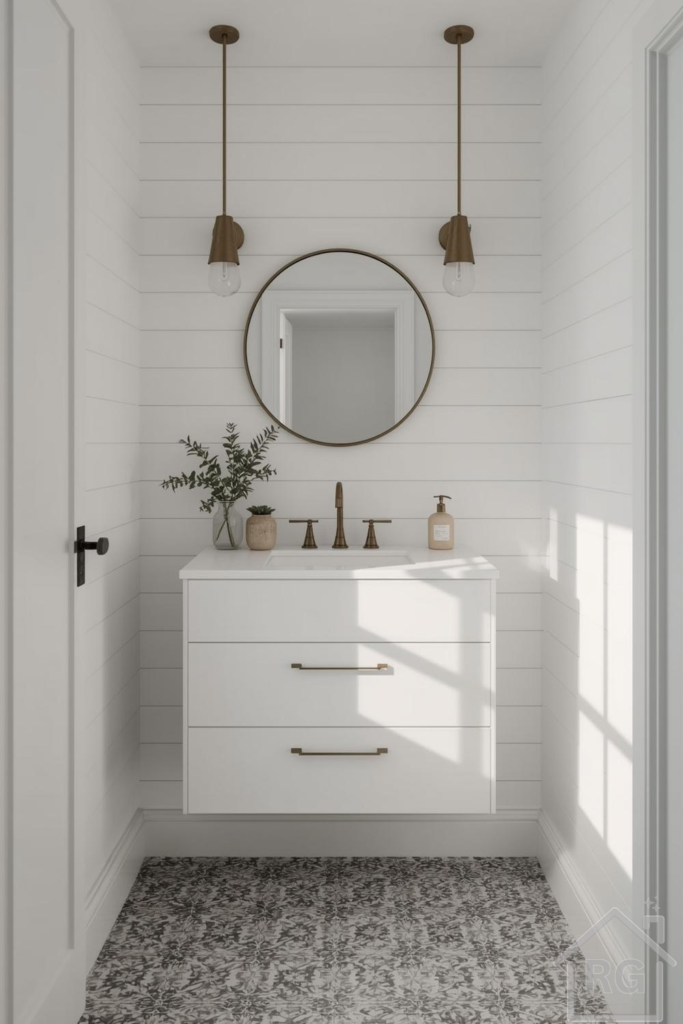 A bright Scandi Modern powder room featuring white shiplap walls, a floating white vanity with brass hardware, a round brass mirror, and two brass pendant lights. The room is anchored by a dark patterned tile floor, creating a stylish and functional space.