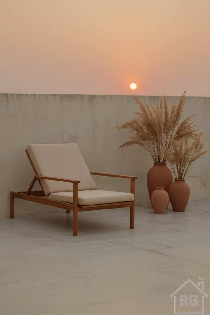 A minimalist outdoor patio scene at sunset features a light wood lounge chair with a cream cushion, three terracotta vases with dried pampas grass, and a concrete wall and floor, creating a serene and warm atmosphere.