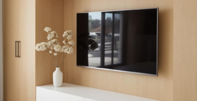 A modern minimalist living room features a built-in wooden tv wall design with integrated shelving and a floating white media console. A large flat-screen television is mounted above the console, flanked by a white ceramic vase with dried flowers and decorative books on open shelves, creating a clean and organized entertainment space.