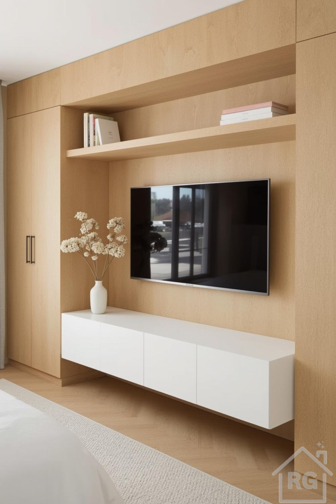 A modern minimalist living room features a built-in wooden tv wall design with integrated shelving and a floating white media console. A large flat-screen television is mounted above the console, flanked by a white ceramic vase with dried flowers and decorative books on open shelves, creating a clean and organized entertainment space.