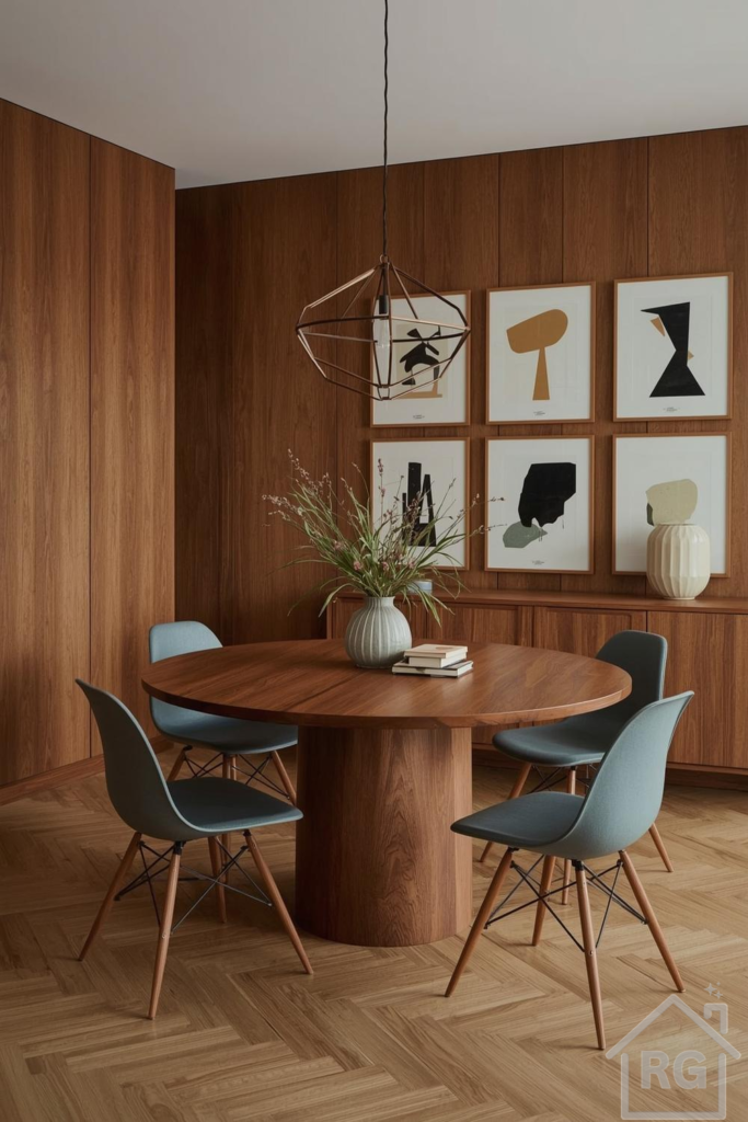 A stylish mid-century modern dining room featuring rich wood paneling, a round pedestal dining table, and four light blue chairs. The space is illuminated by a geometric pendant light and decorated with a gallery wall of abstract art prints.