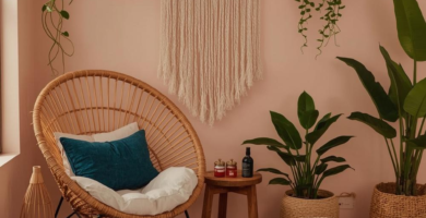 A cozy boho reading corner featuring a rattan chair with a teal pillow, a macrame wall hanging, and several potted plants. The room has dusty pink walls and a vibrant red and blue patterned area rug, creating a warm and inviting atmosphere.