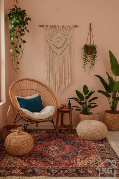A cozy boho reading corner featuring a rattan chair with a teal pillow, a macrame wall hanging, and several potted plants. The room has dusty pink walls and a vibrant red and blue patterned area rug, creating a warm and inviting atmosphere.